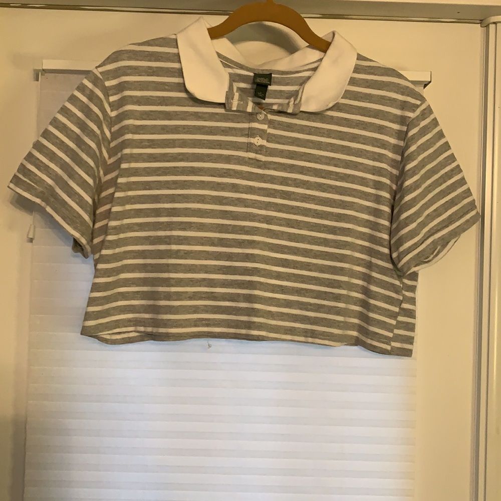 Wild Fable Gray White Striped Collar Polo Crop‎ Top Shirt Large